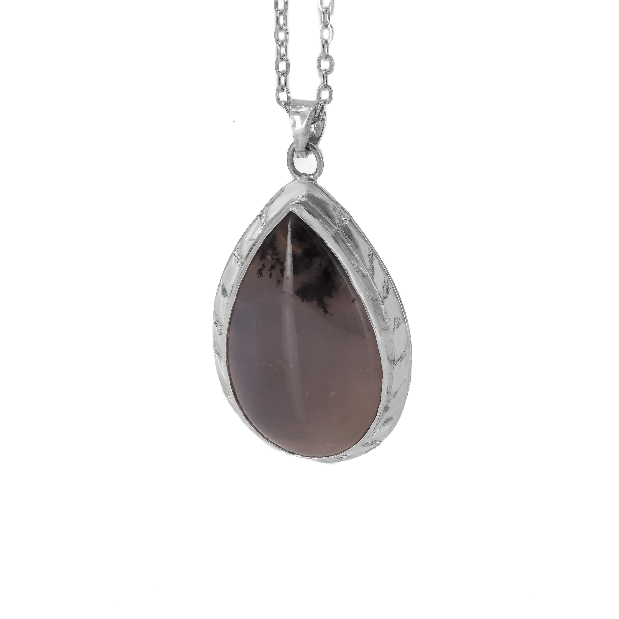 Terardrop amethyst pendant necklace with branch like texture going all around the stone. The stone also has sage inclusions at the top, giving it a more natural look.