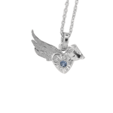 sterling silver angel wing pendant necklace with a flush set 4mm sapphire stone hanging from a cable chain. One of the wings is bent over the heart, which holds the stone.