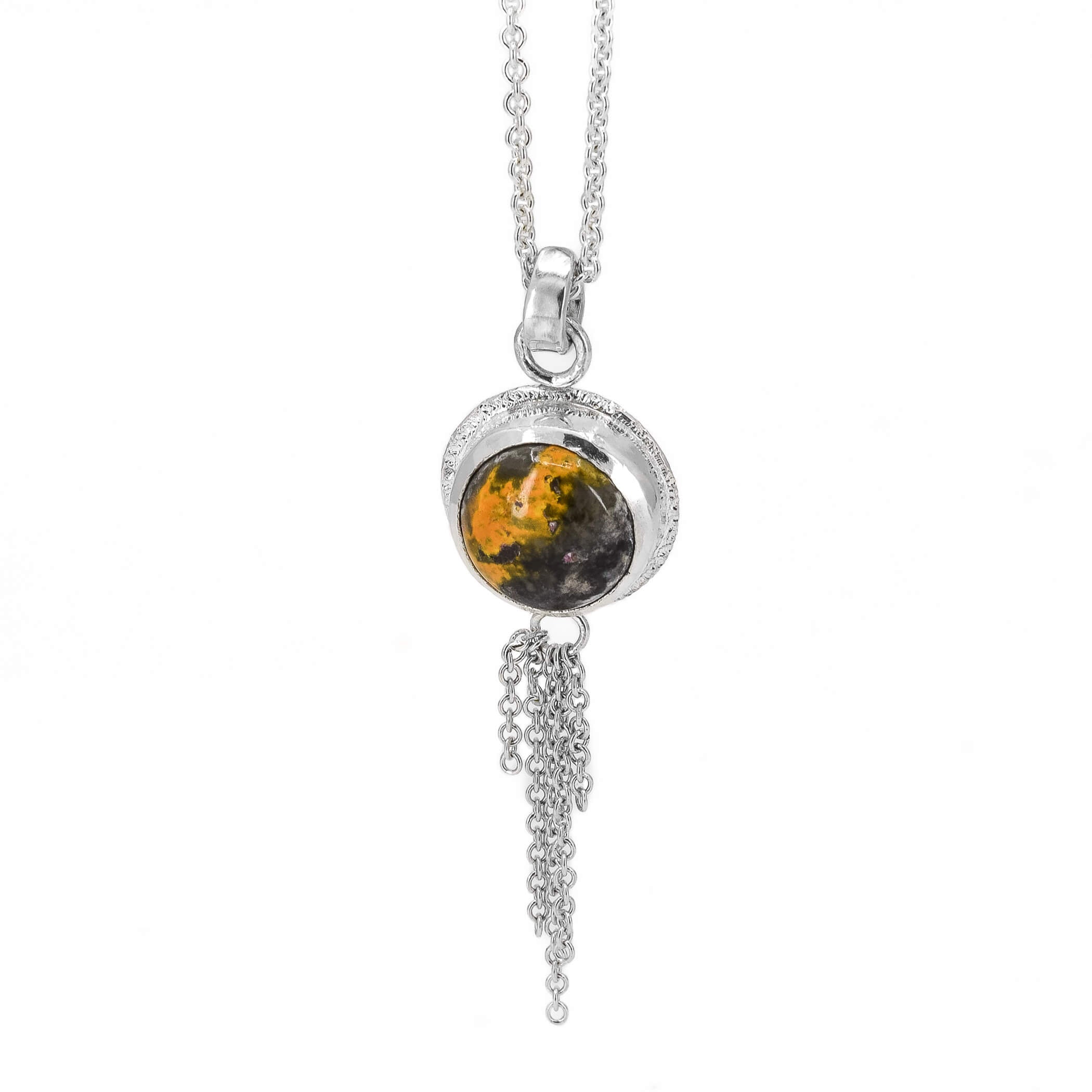 sterling silver necklace featuring a round bumblebee jasper stone, with a stardust texture around the edges and a chain embellishment at the bottom of the pendant