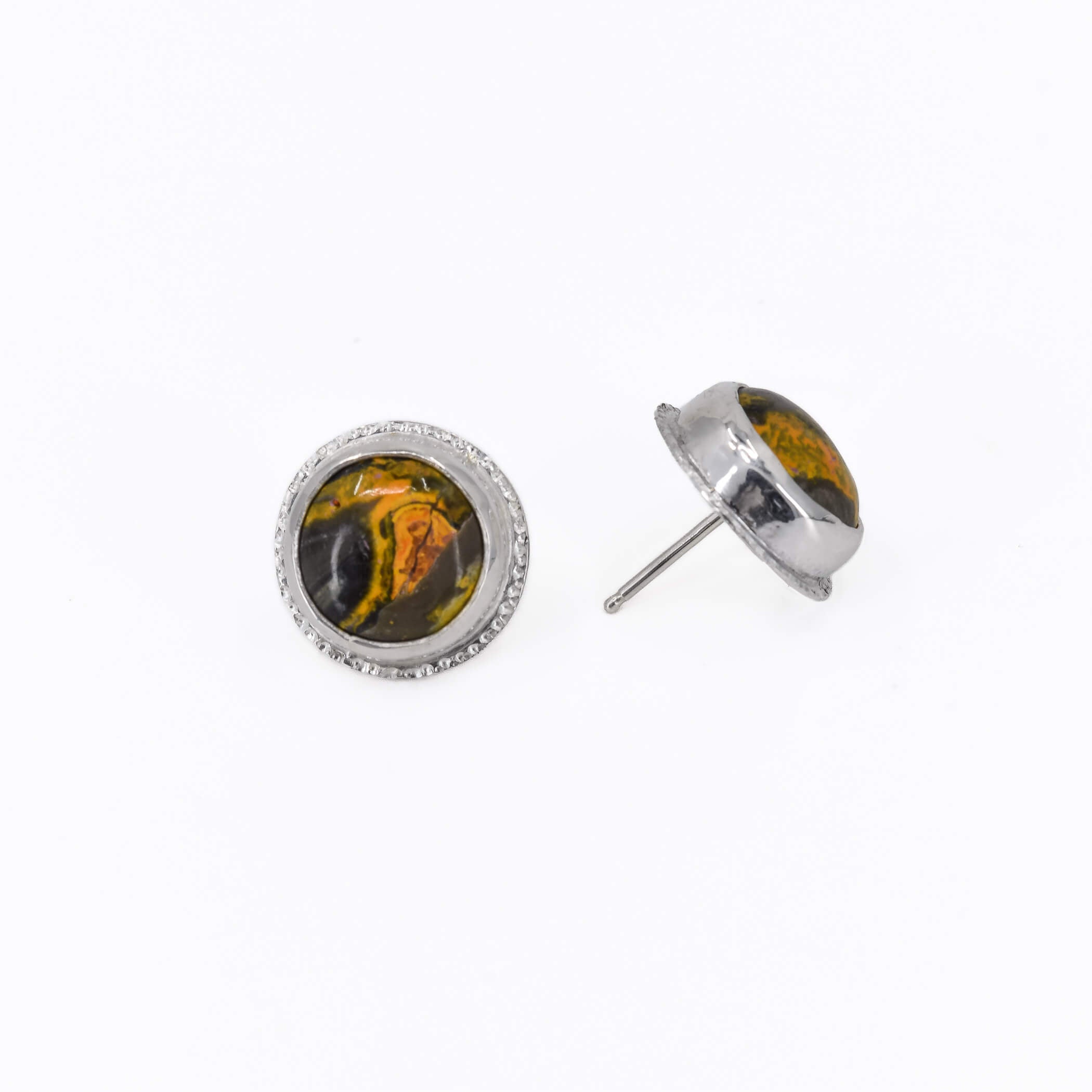 Round bumblebee jasper stud earrings in sterling silver