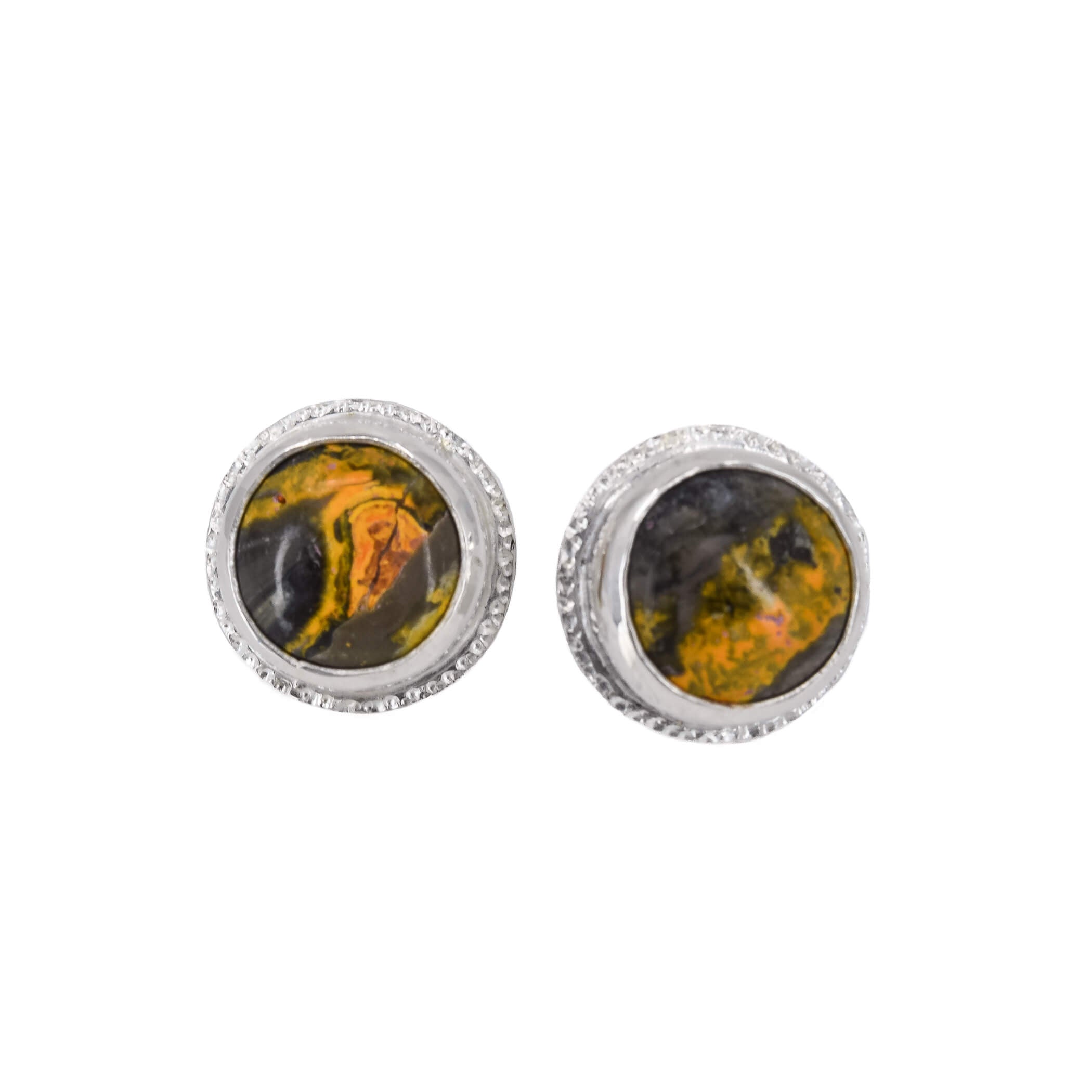 Round bumblebee jasper stud earrings in sterling silver