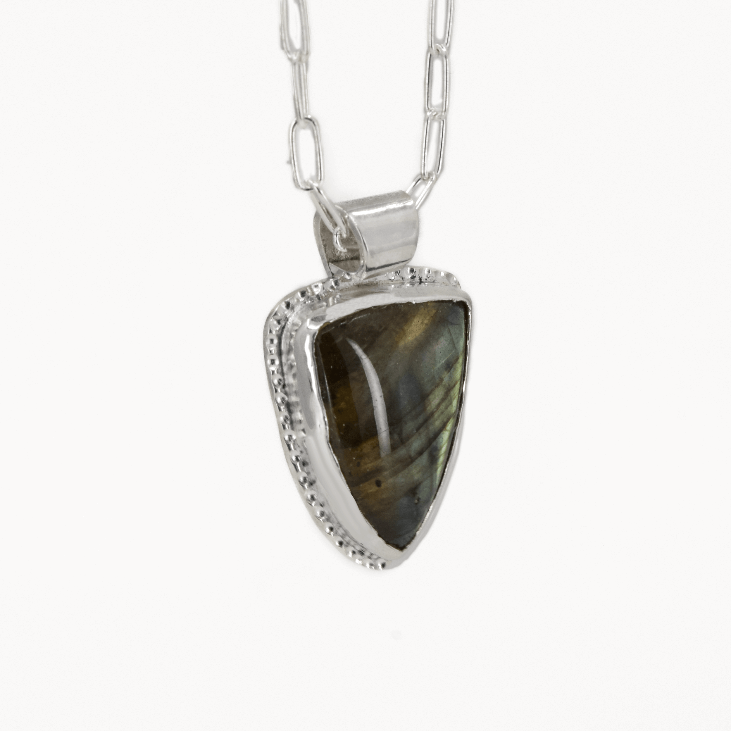 green arrow pendant featuring a green labradorite stone, hanging on a paperclip style chain