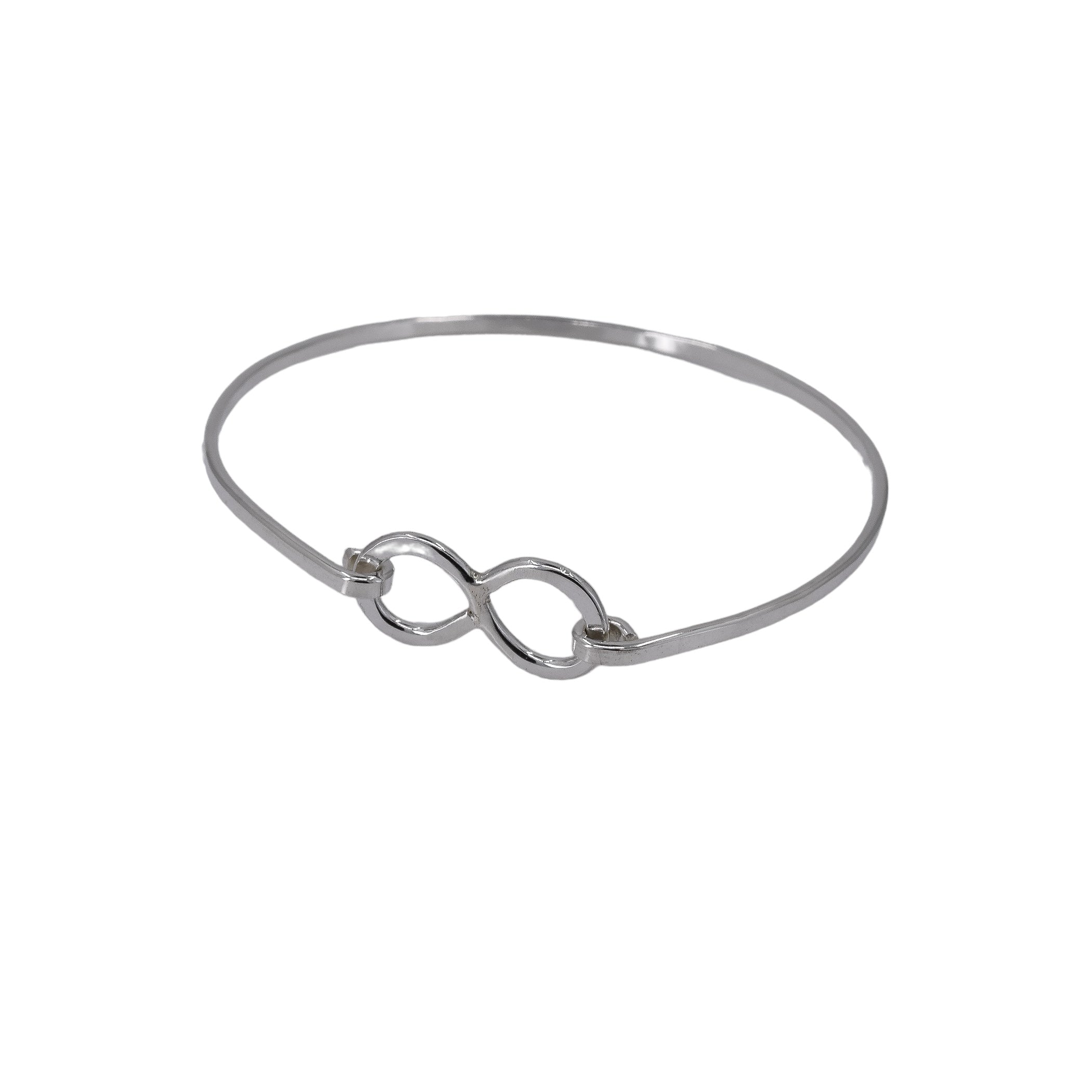 Infinity open bangle bracelet in sterling silver with hinged design