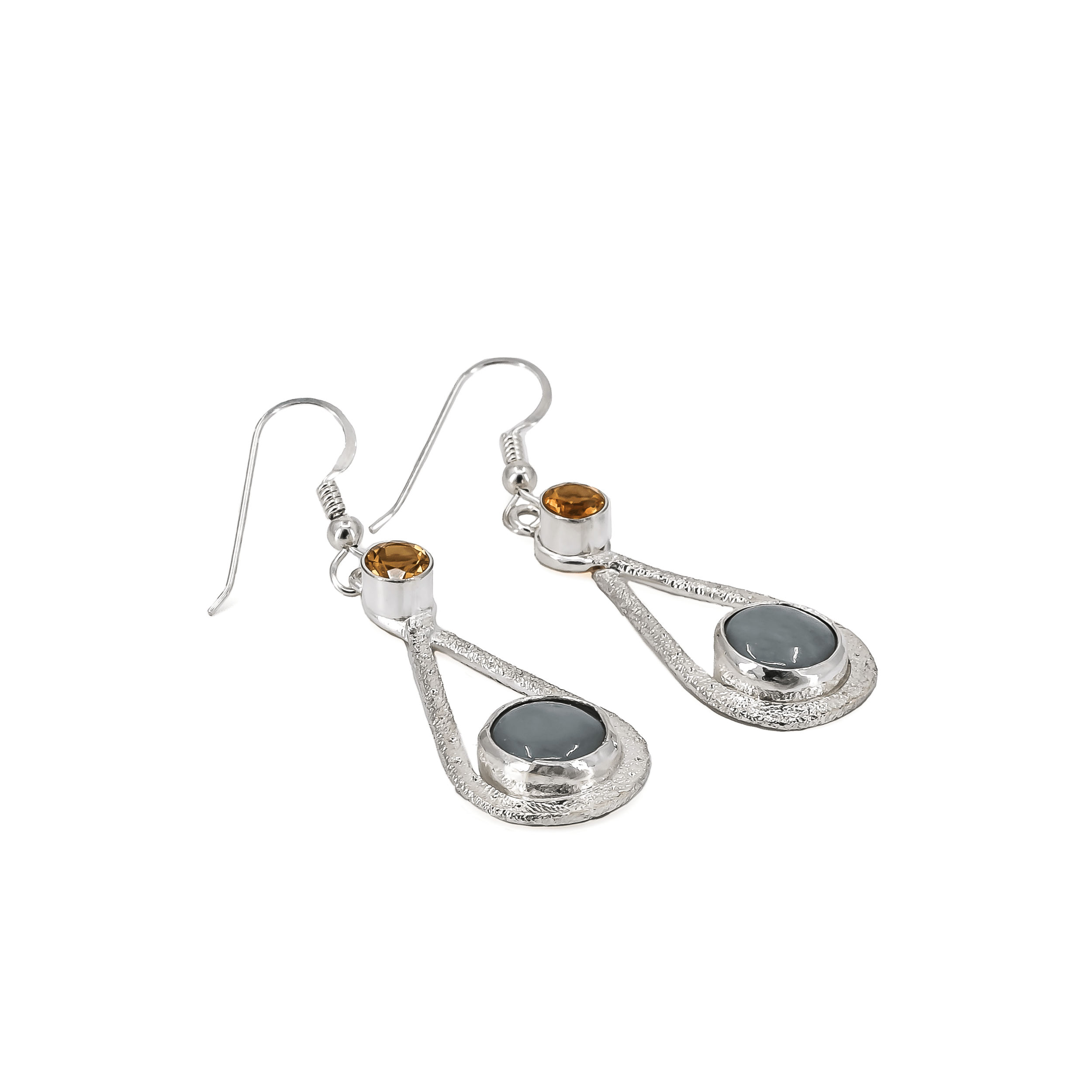 tear drop shaped sterling silver dangle earrings, featuring round faceted golden citrine stones on top and round pastel green jade stones on the bottom. The earrings have a stardust texture all the way through.