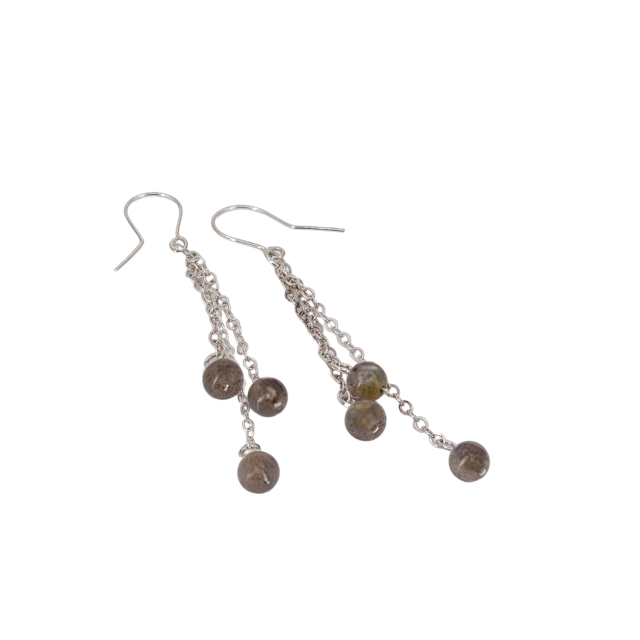 Long labradorite dangle earrings featuring three strands of chain with stones hanging at the end. 