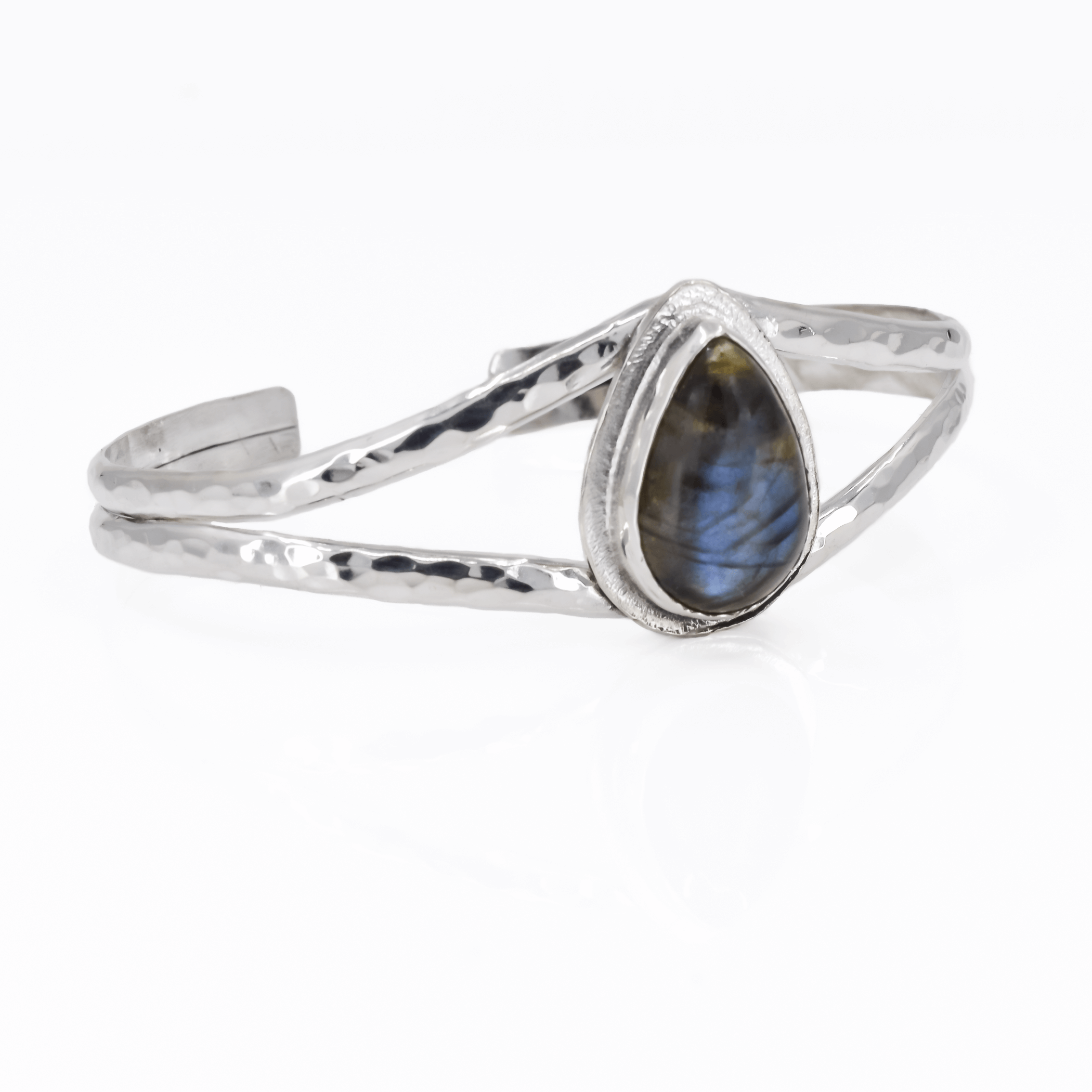 Sterling silver textured cuff with oval bluish green Labradorite stone