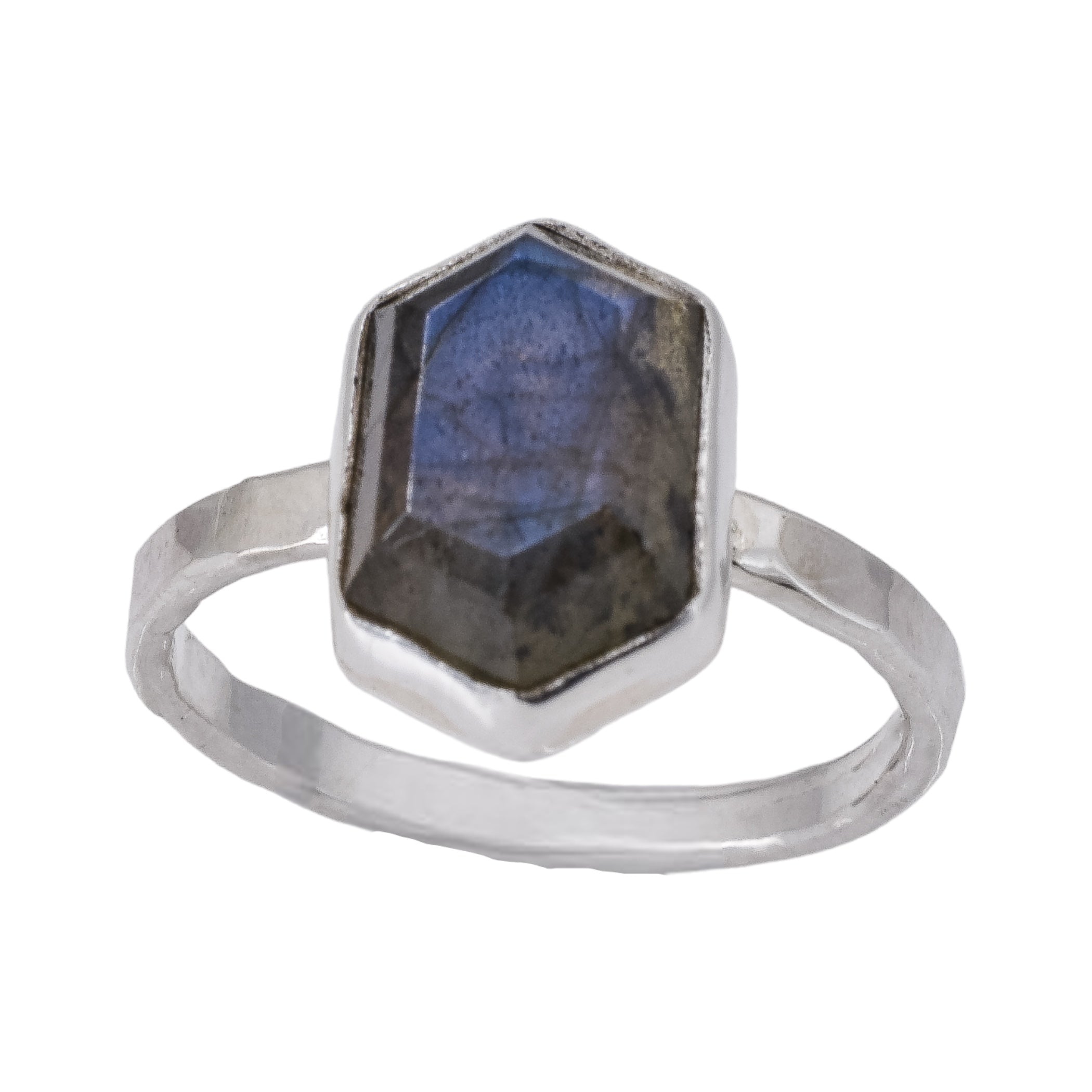 Stacking faceted sterling silver ring with a hexagonal shaped labradorite stone.