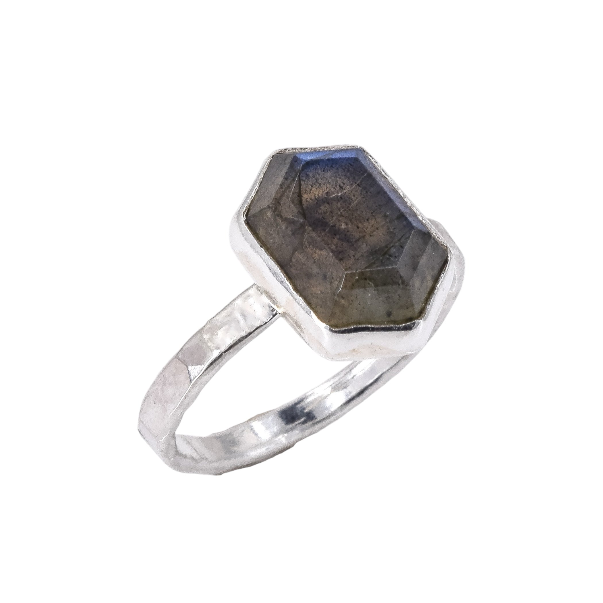 Stacking faceted sterling silver ring with a hexagonal shaped labradorite stone side view.