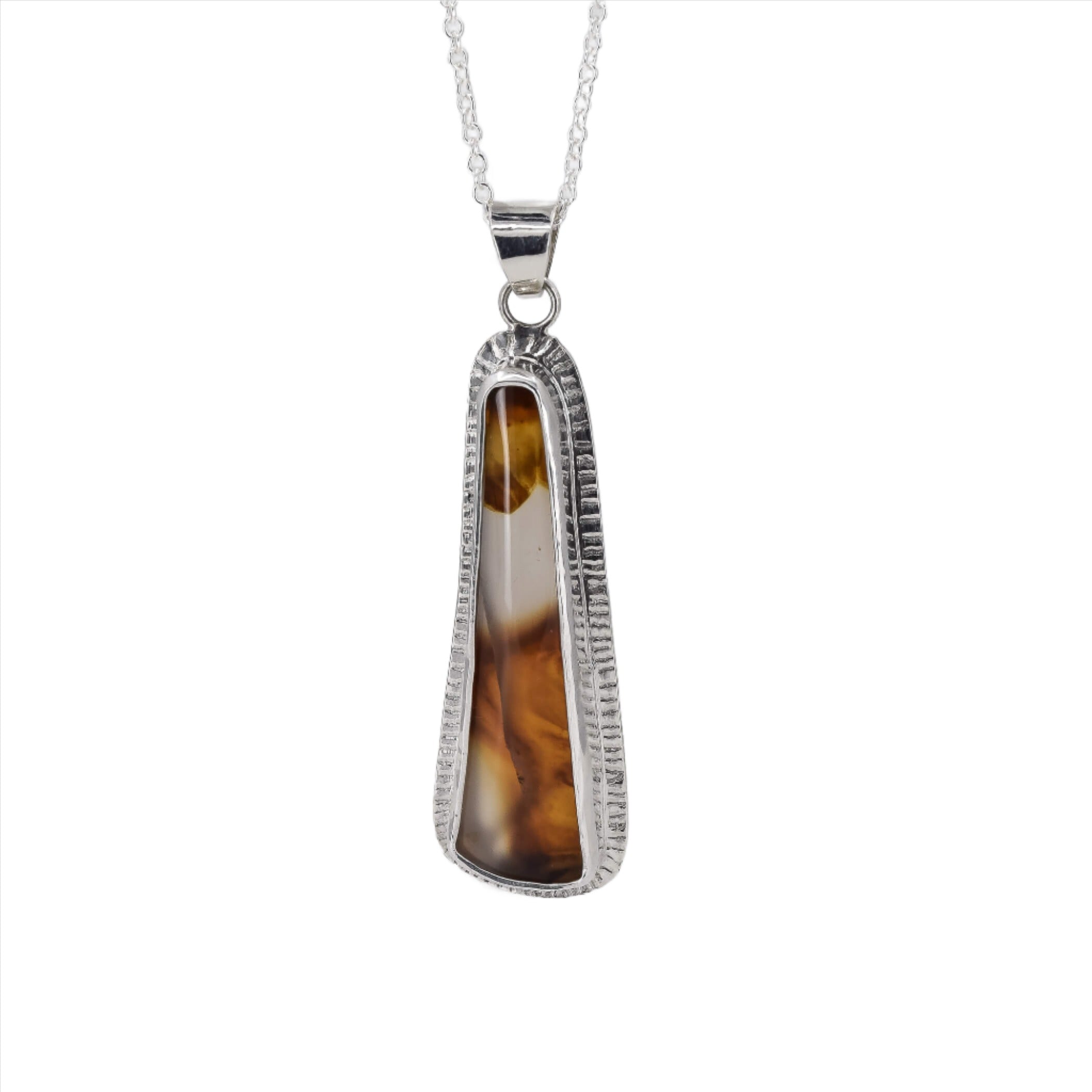 Montana agate sterling silver pendant necklace with a textured border