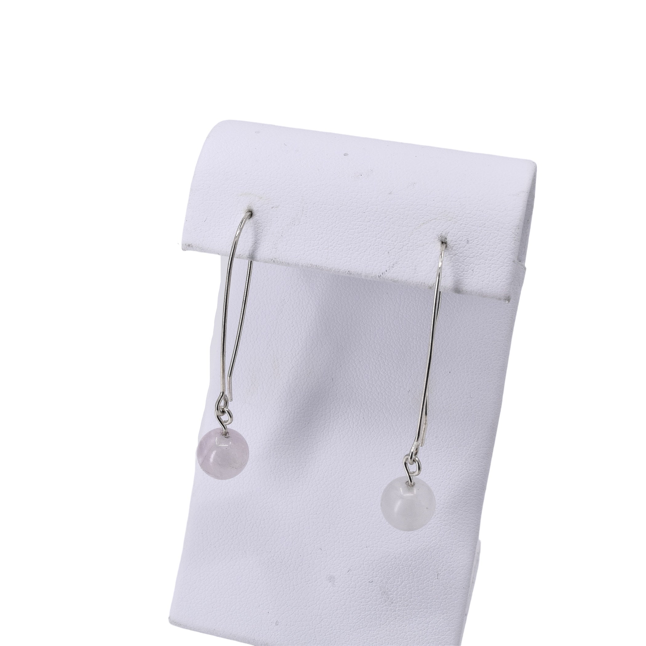 Long dangle sterling silver earrings with an 8mm round morganite bead in a light pink color
