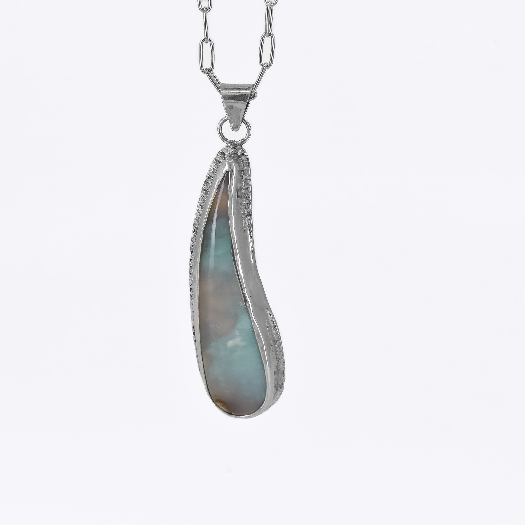 Blue opalized wood pendant necklace in sterling silver