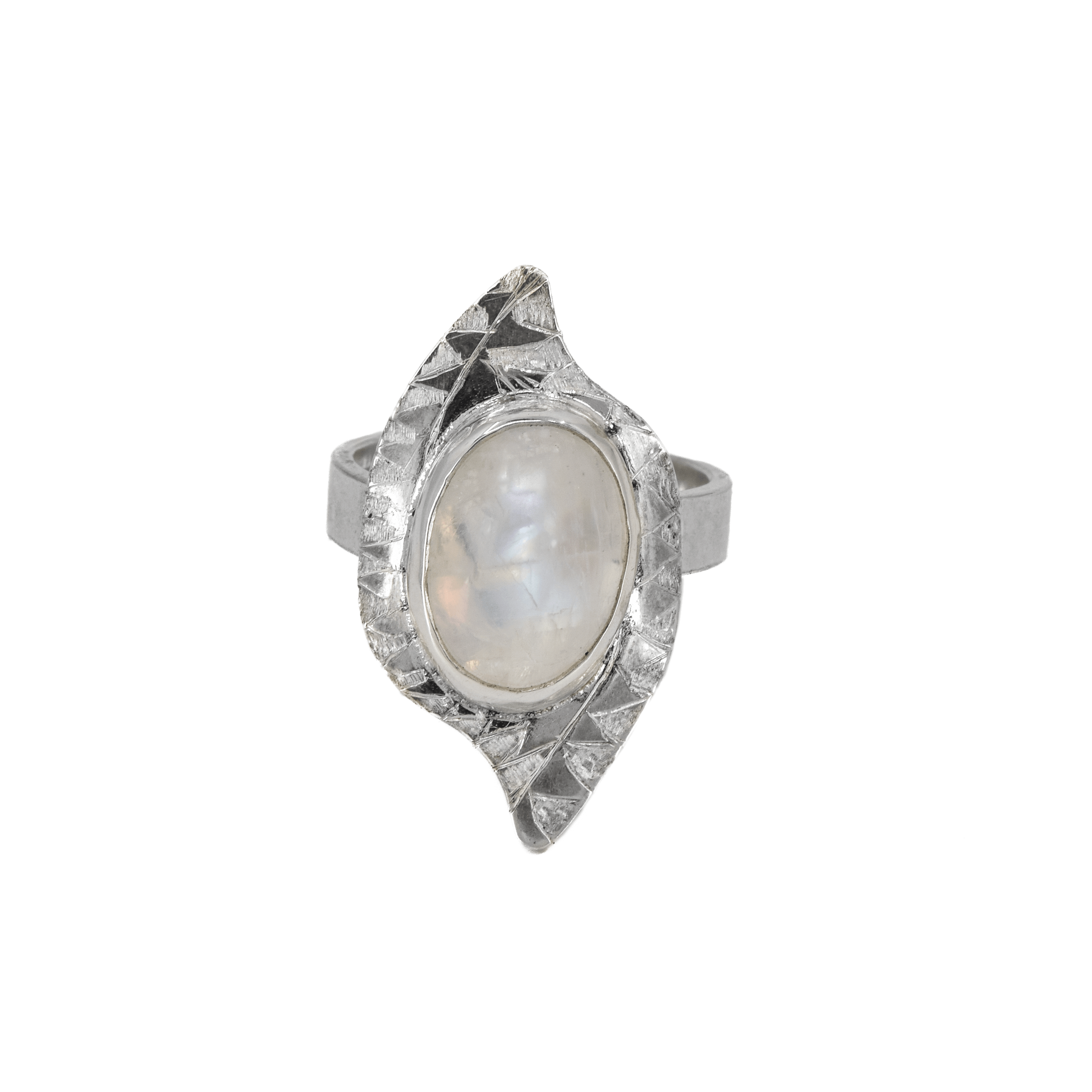 Oval rainbow moonstone sterling silver ring with a tribal style hand textured border