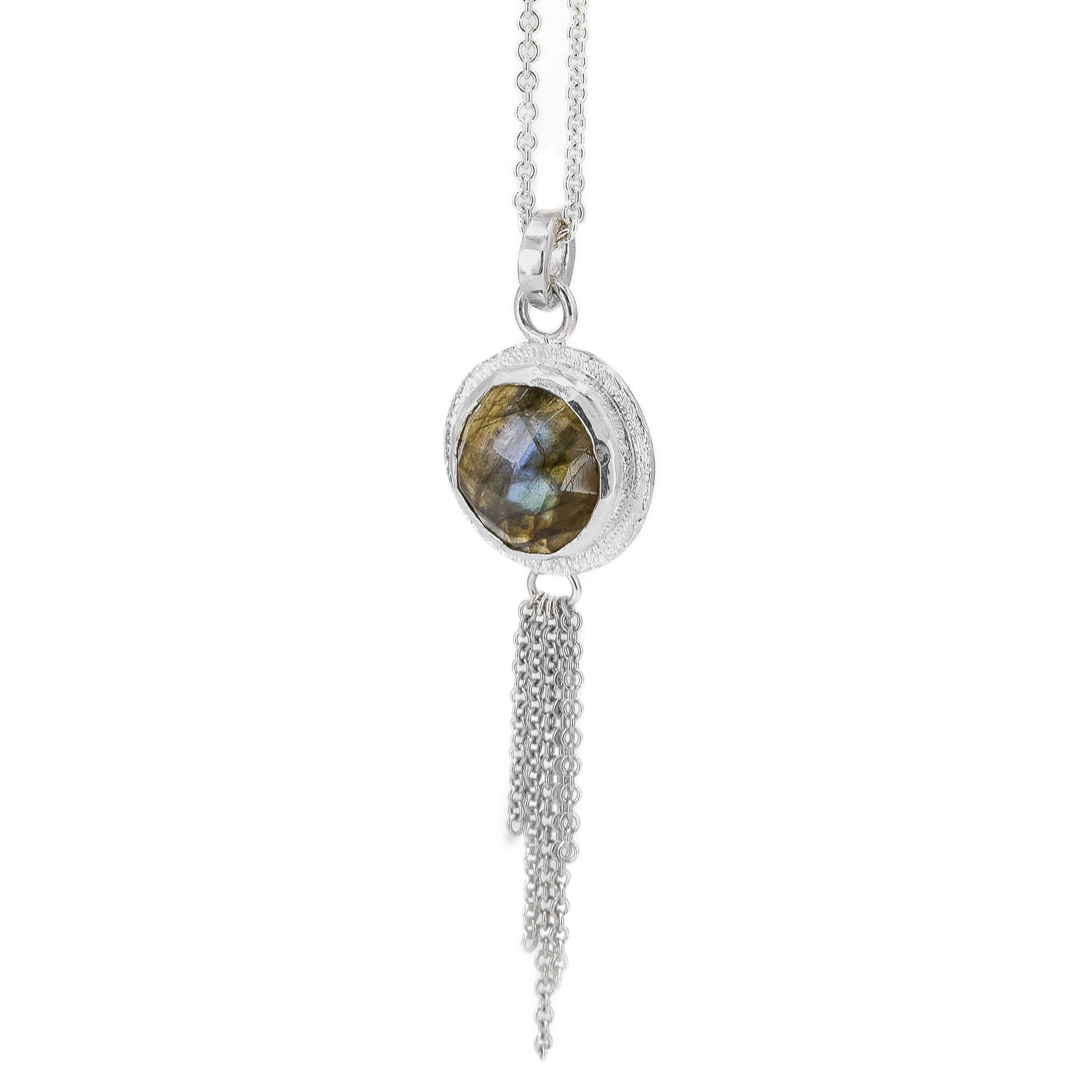 front view of a round labradorite pendant necklace in sterling silver, which has a chain embellishment on the bottom