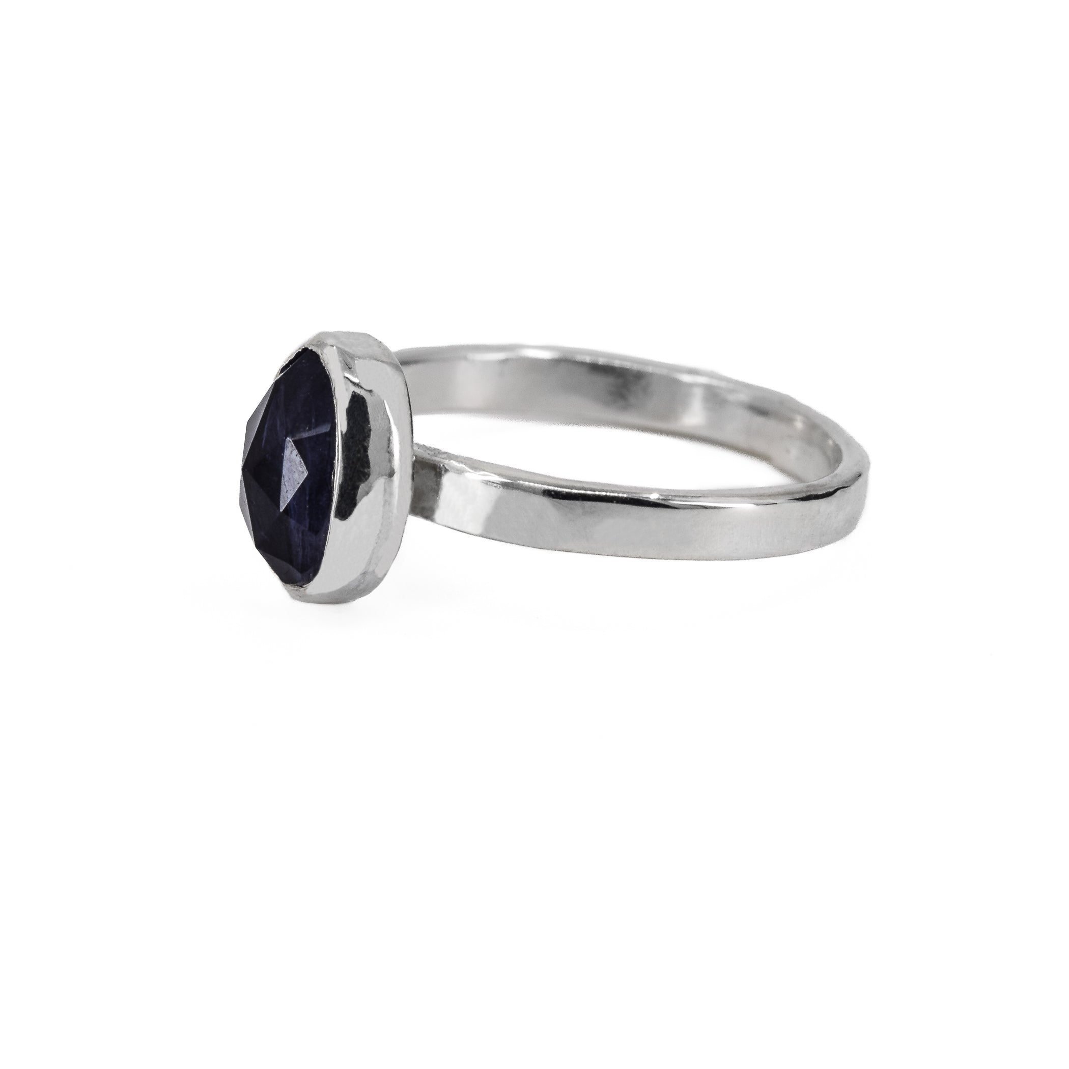 Sterling silver iolite solitaire ring side view