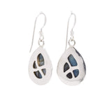 view of the design on the back of teardrop shaped labradrotie drop earrings set in sterling silver with a pierced out design
