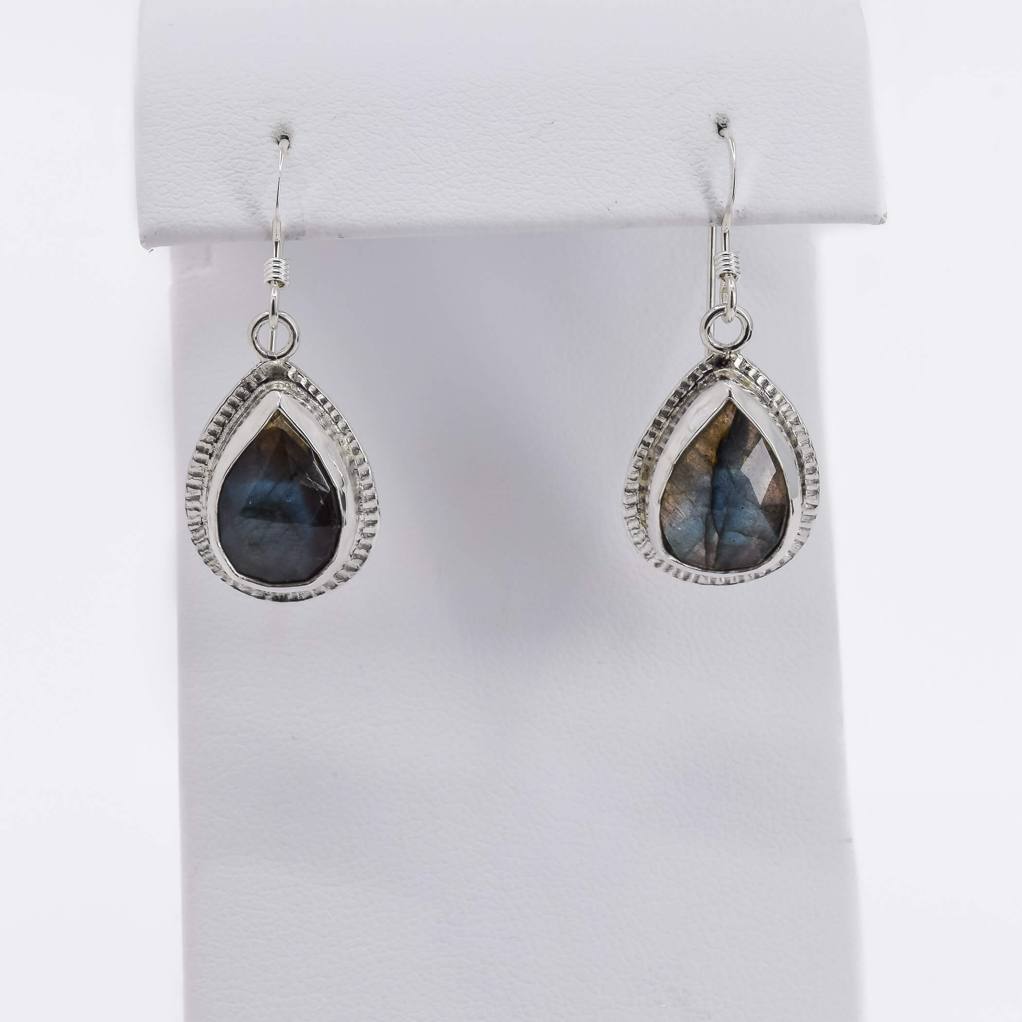 teardrop shaped labradorite drop earrings set in sterling silver 