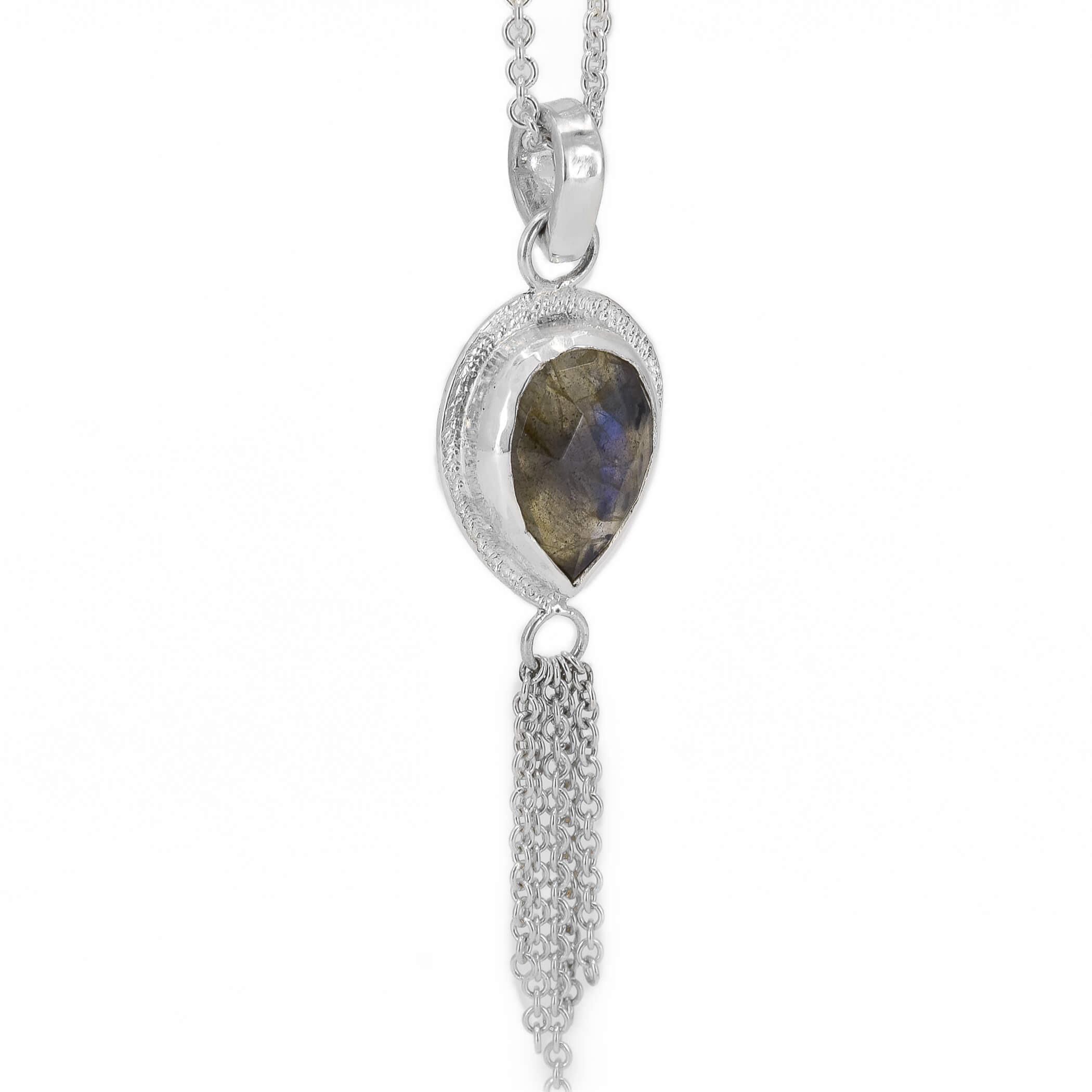 Teardrop labradorite set in sterling silver with a dainty chain embellishment hanging at the bottom