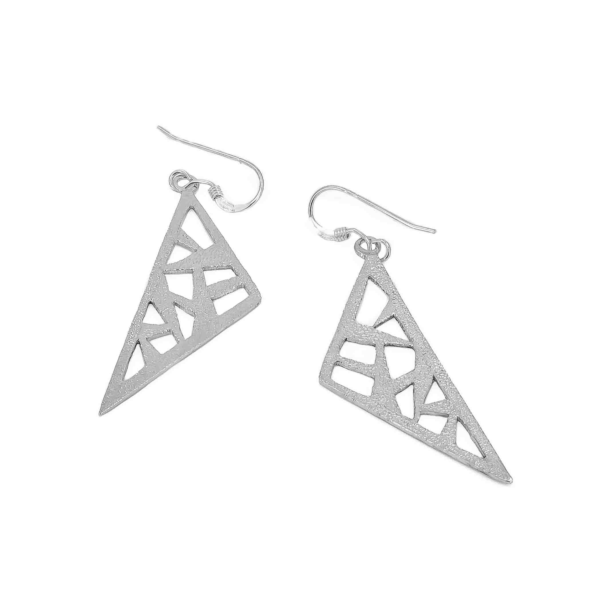 Triangle dangle earrings in sterling silver pierced with a modern design