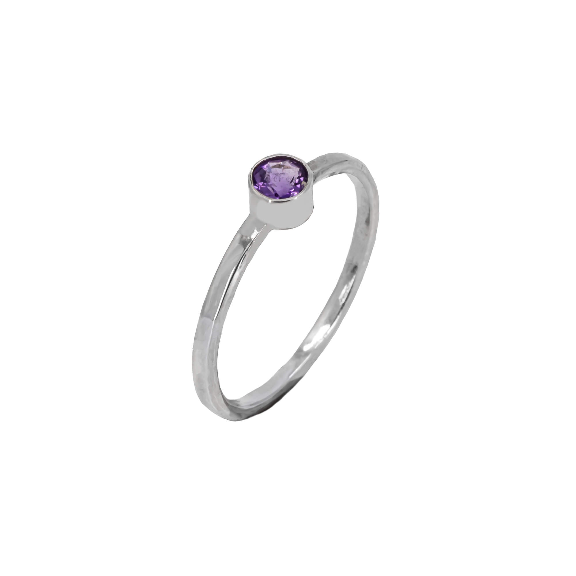 Faceted Amethyst stackable ring in sterling silver with a textured band