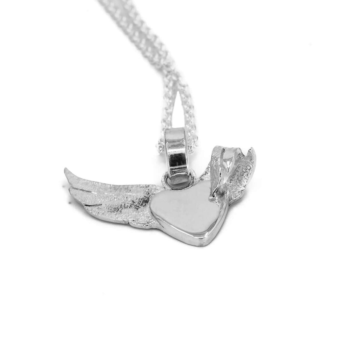 angel wing sterling silver pendant necklace with a heart in the middle and one of the wings bent and hugging the heart