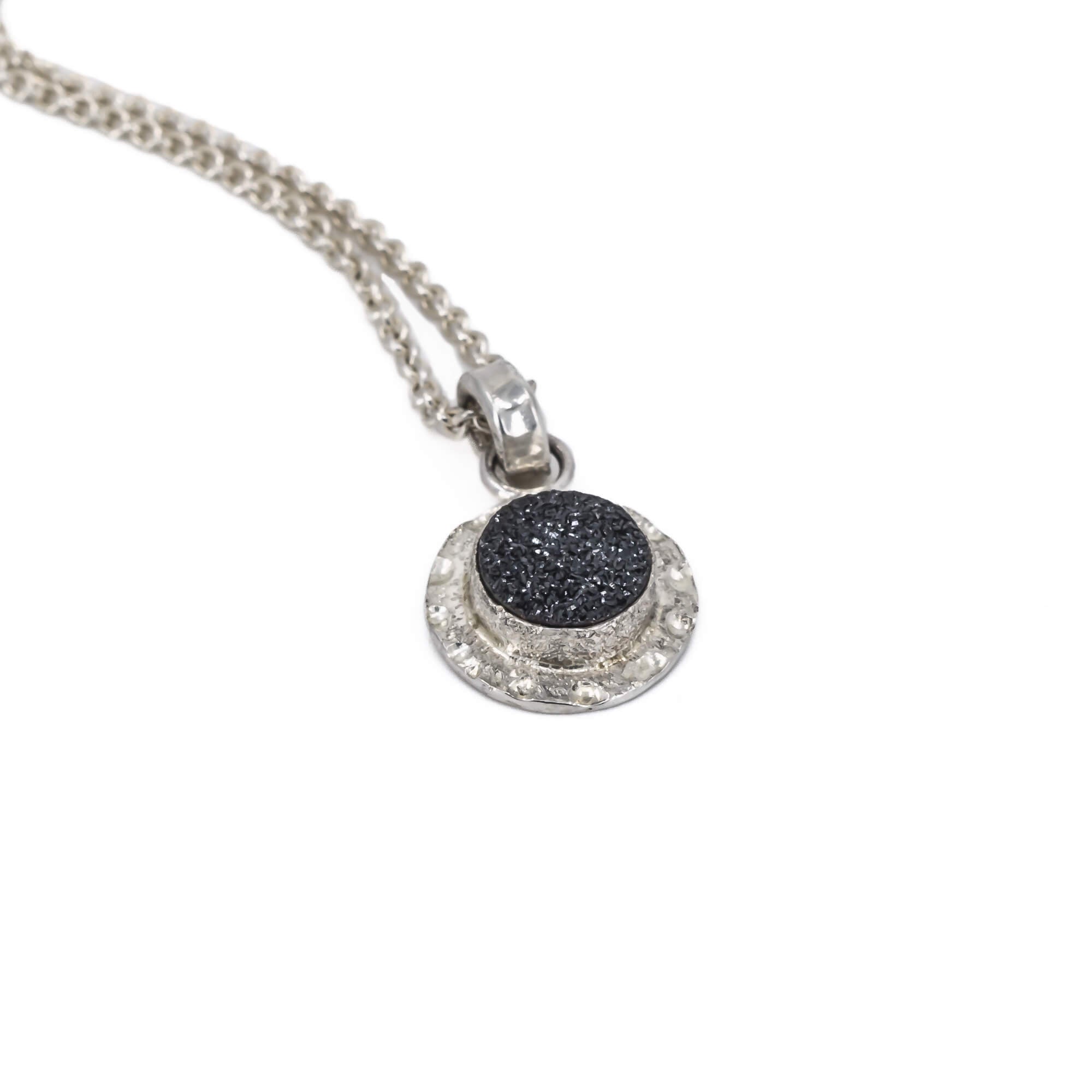 Dainty round black druse necklace in sterling silver