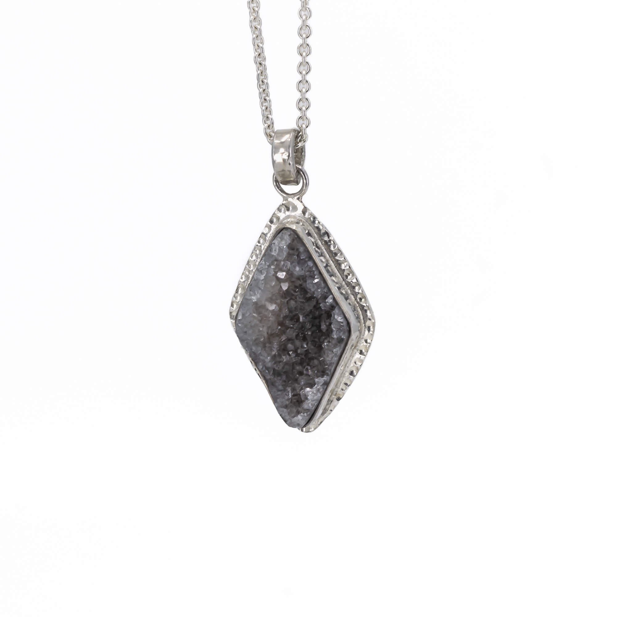 Grey and black large druzy pendant necklace in sterling silver