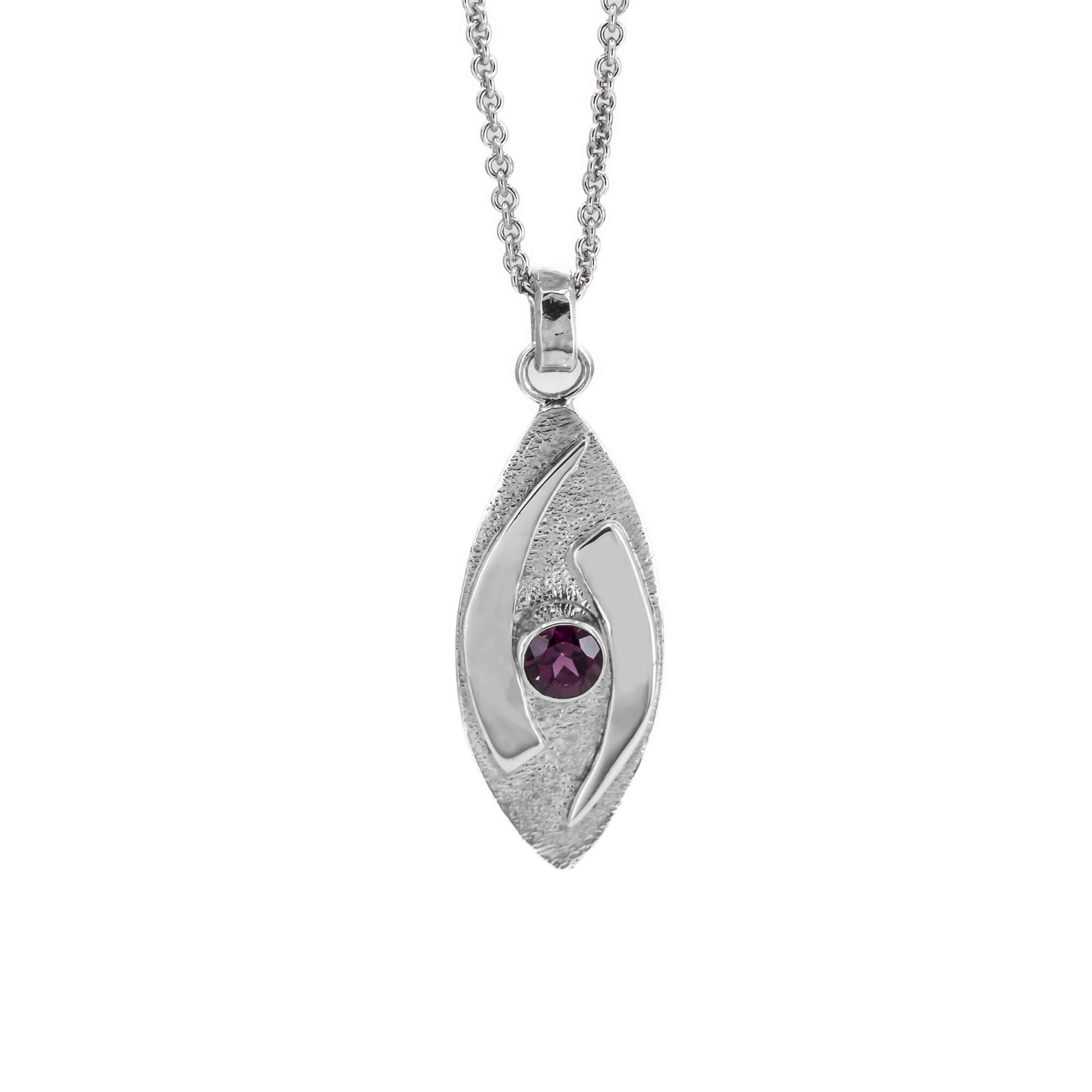 large hugged pendant necklace in sterling silver with a stardust texture and a 5mm Rhodolite garnet faceted stone