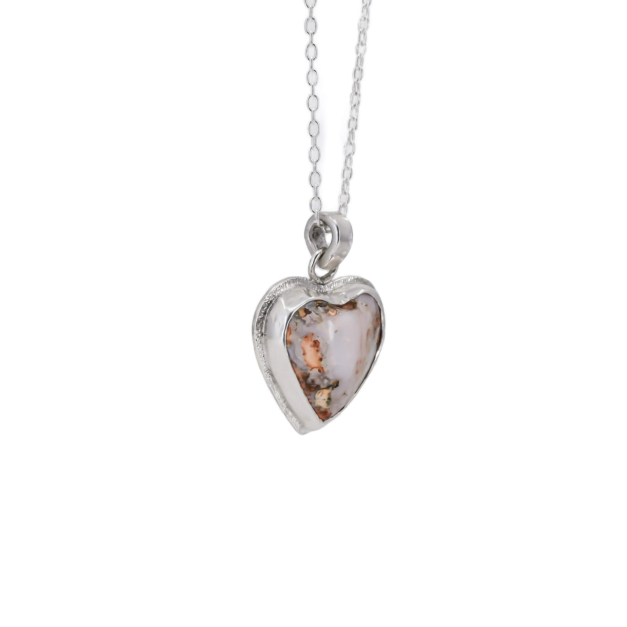 Large cantera opal heart necklace in sterling silver side view