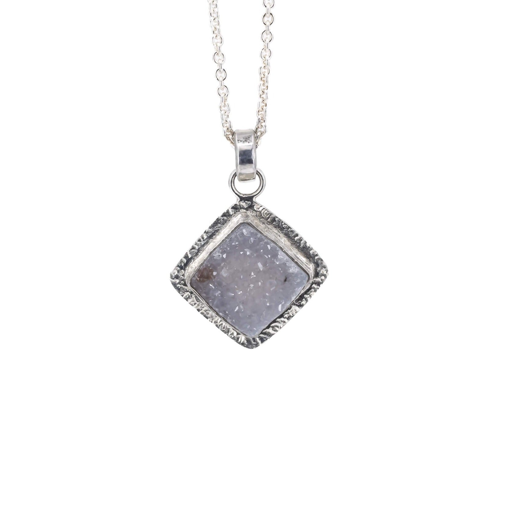 Square lavender druzy pendant necklace in sterling silver