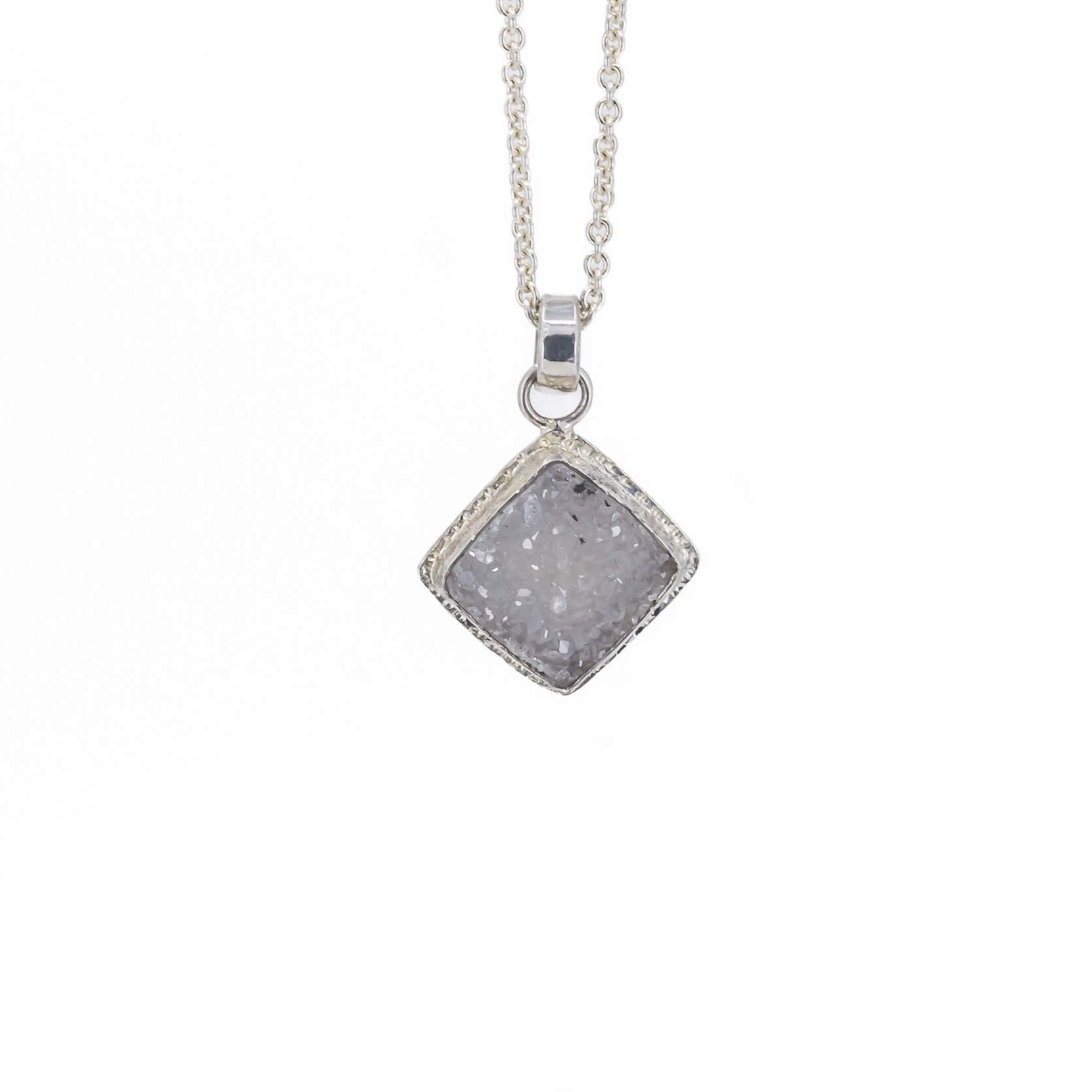 Square lilac druzy pendant necklace in sterling silver