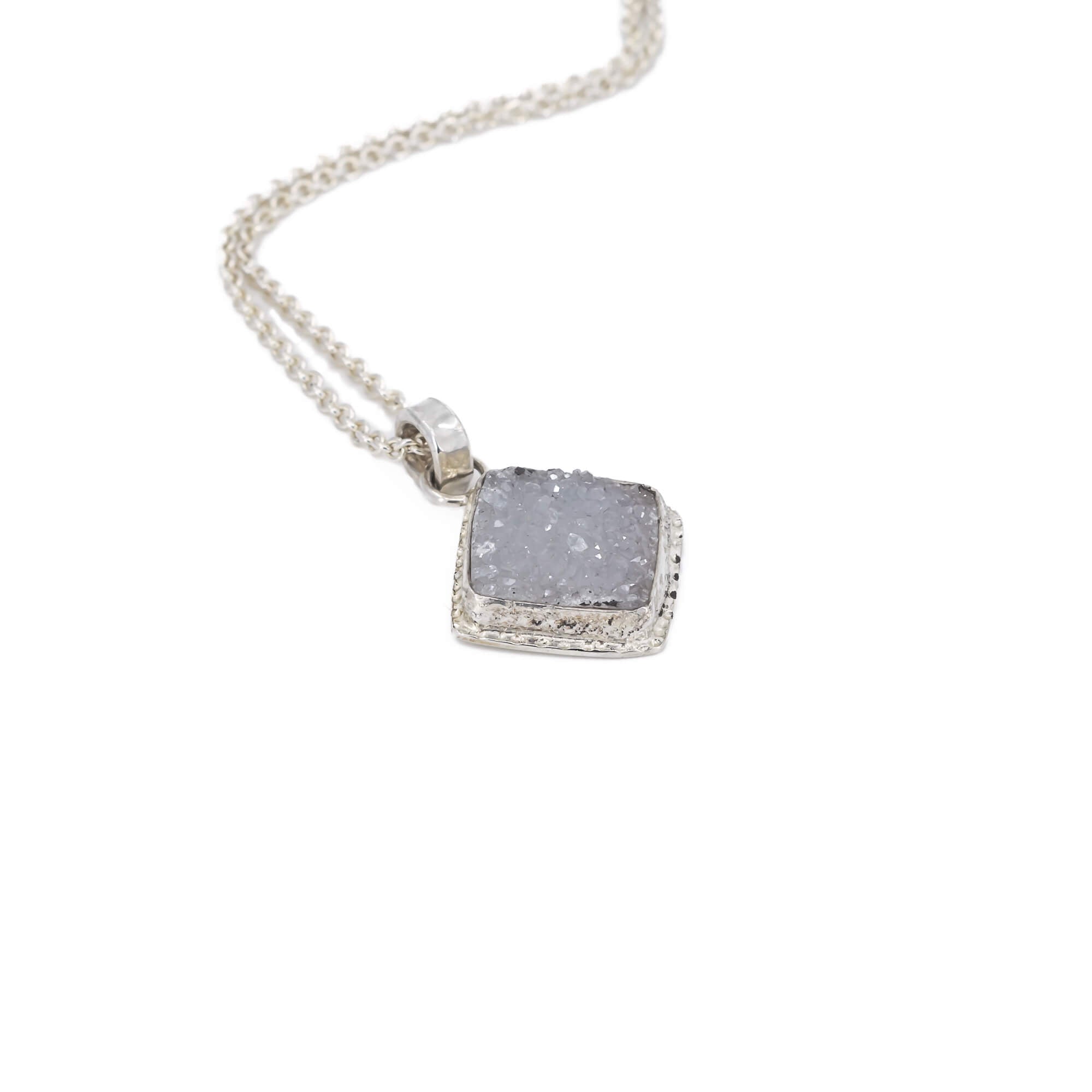 Square purple druzy necklace in sterling silver