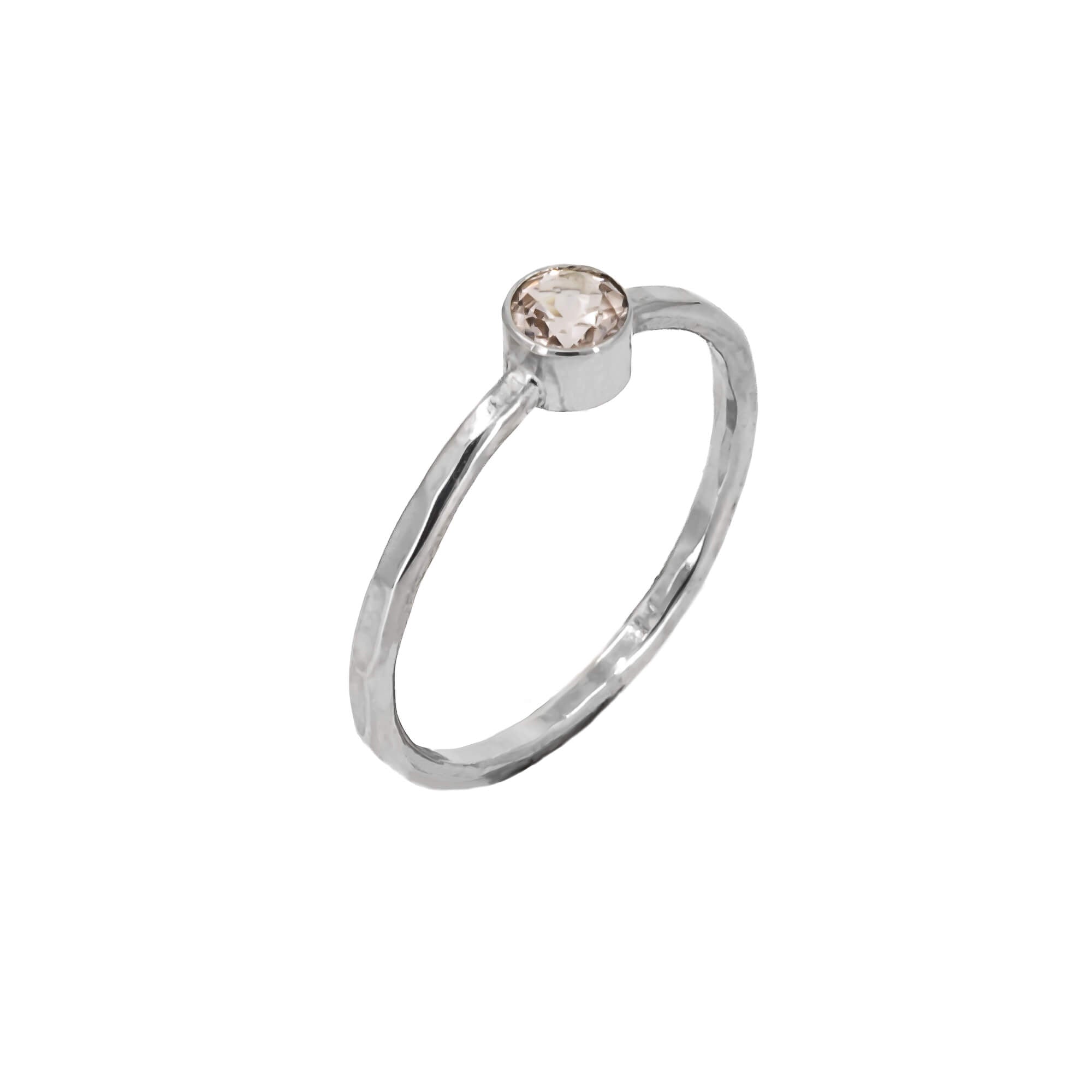 Faceted Morganite stackable ring in sterling silver with a textured band