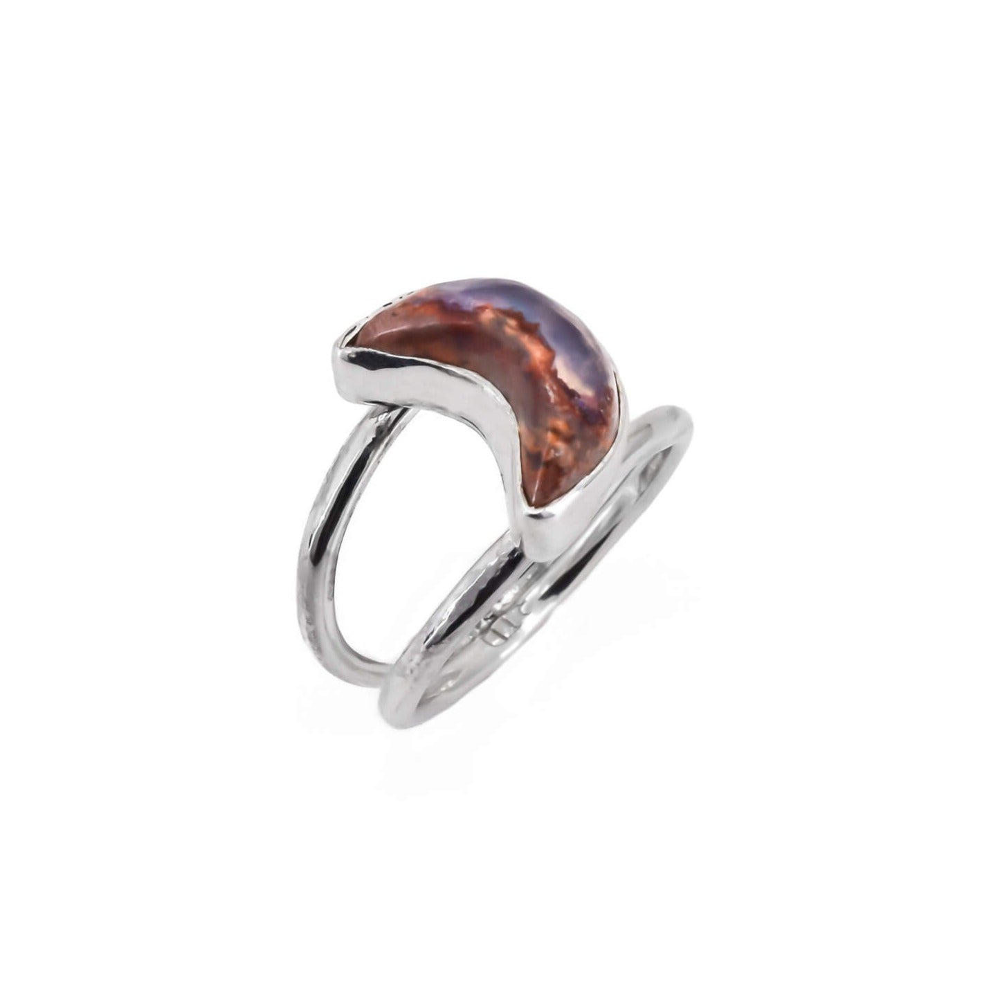 Crescent moon cantera opal ring in sterling silver with a double ring band.
